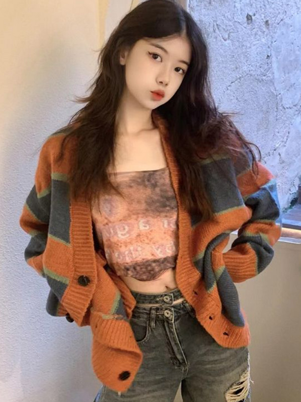 Ženski kardigan na pruge, vintage korejski stil, trendi pletenina, univerzalna, elegantna studentska odjeća s V-izrezom, slatka odjeća za proljeće i jesen