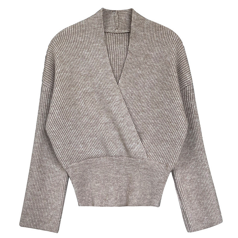 Φθινοπωρινό χειμερινό σταυρωτό πλεκτό πουλόβερ με λαιμόκοψη V γυναικείο κοντό ψηλόμεσο μακρυμάνικο μονόχρωμο μπλουζάκι