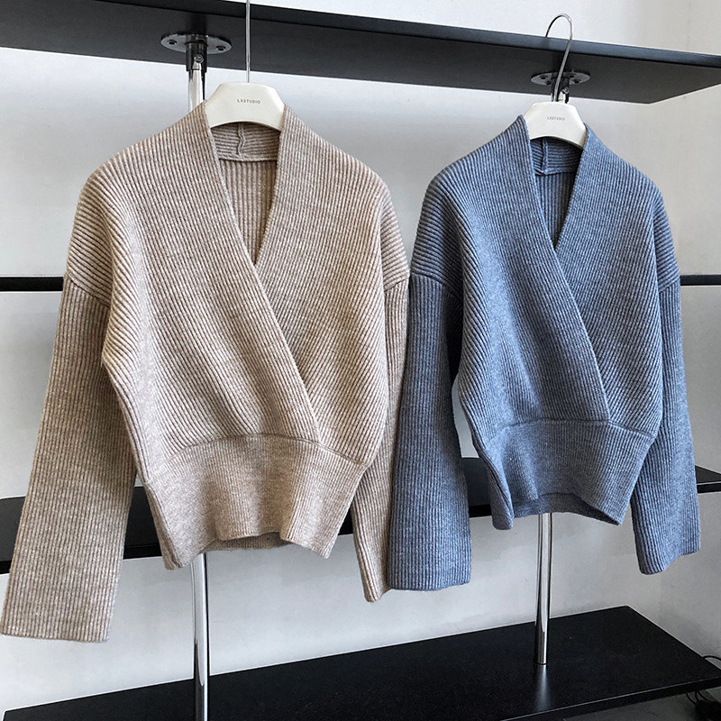 Φθινοπωρινό χειμερινό σταυρωτό πλεκτό πουλόβερ με λαιμόκοψη V γυναικείο κοντό ψηλόμεσο μακρυμάνικο μονόχρωμο μπλουζάκι