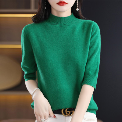 Aliselect Pulovere tricotate pentru femei, cașmir, cu jumătate de mânecă, 100% pură lână merinos, la modă de primăvară, top cu gât fals