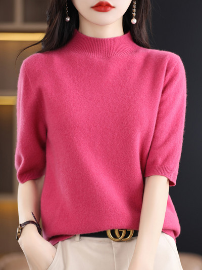 Aliselect Pulovere tricotate pentru femei, cașmir, cu jumătate de mânecă, 100% pură lână merinos, la modă de primăvară, top cu gât fals