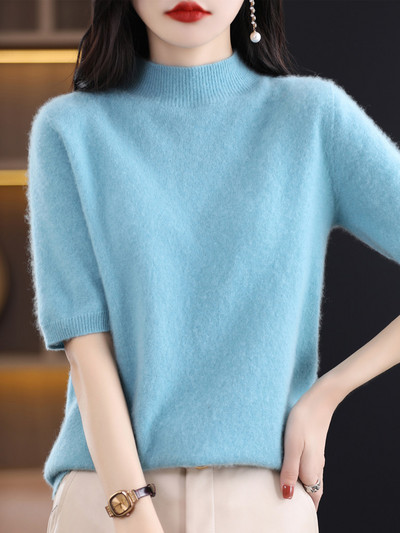 Aliselect Pulovere tricotate pentru femei, cașmir, cu jumătate de mânecă, 100% pură lână merinos, la modă de primăvară, top cu gât fals