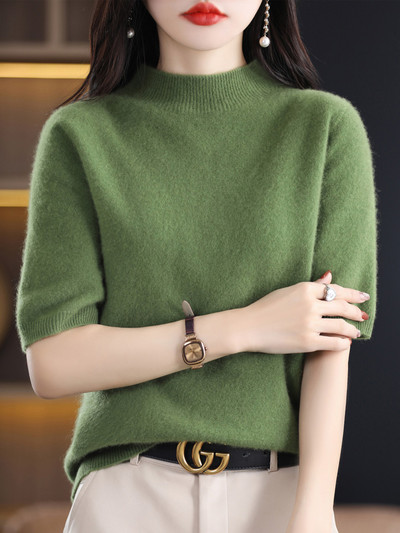 Aliselect Pulovere tricotate pentru femei, cașmir, cu jumătate de mânecă, 100% pură lână merinos, la modă de primăvară, top cu gât fals