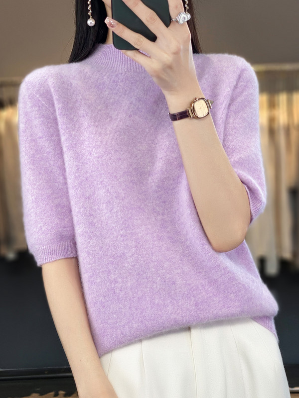 Aliselect Pulovere tricotate pentru femei, cașmir, cu jumătate de mânecă, 100% pură lână merinos, la modă de primăvară, top cu gât fals