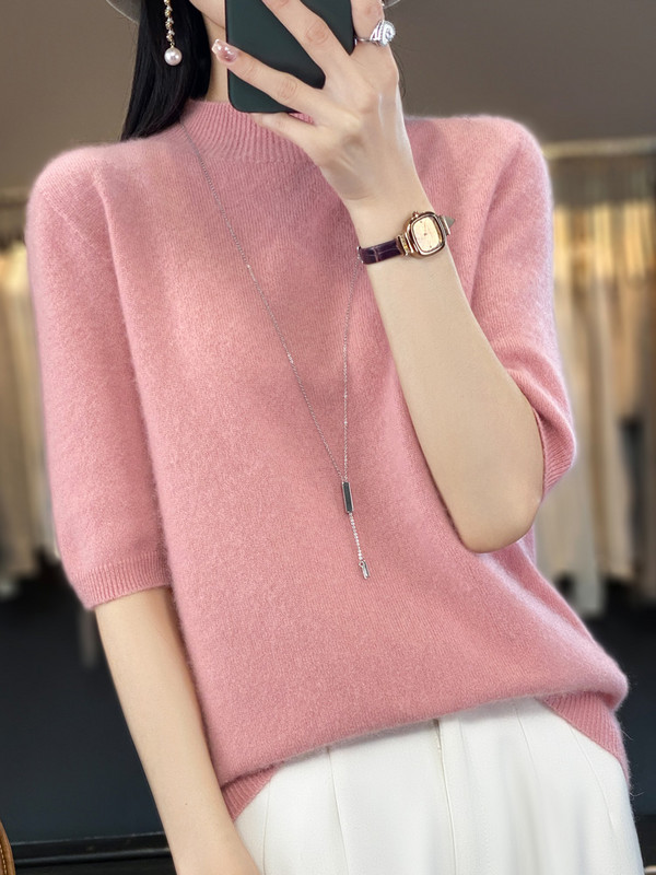 Aliselect Pulovere tricotate pentru femei, cașmir, cu jumătate de mânecă, 100% pură lână merinos, la modă de primăvară, top cu gât fals