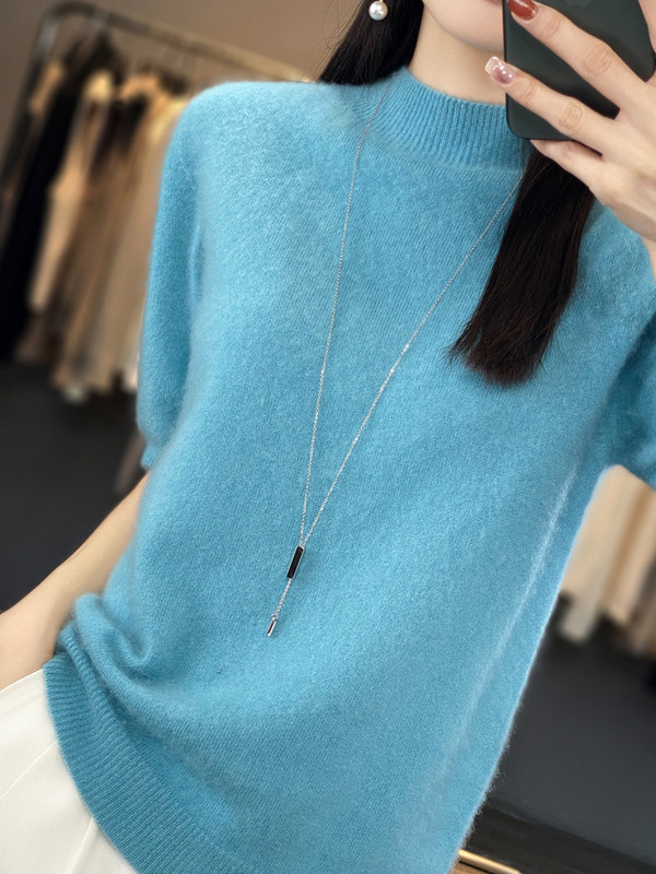 Aliselect Pulovere tricotate pentru femei, cașmir, cu jumătate de mânecă, 100% pură lână merinos, la modă de primăvară, top cu gât fals