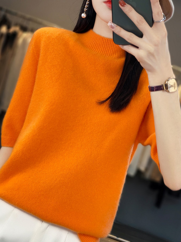 Aliselect Pulovere tricotate pentru femei, cașmir, cu jumătate de mânecă, 100% pură lână merinos, la modă de primăvară, top cu gât fals