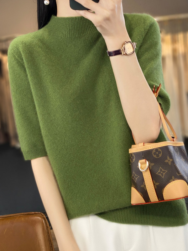 Aliselect Pulovere tricotate pentru femei, cașmir, cu jumătate de mânecă, 100% pură lână merinos, la modă de primăvară, top cu gât fals