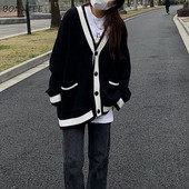 Must Preppy kampsun naistele Paarid Harajuku Tricot kampsunid Paneeliga Koo Soe Klassikaline Põhirõivad Sügis Sobivad veniv
