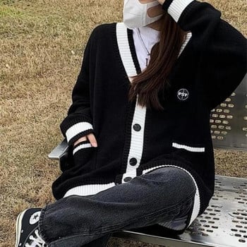 Μαύρη Preppy Ζακέτα Γυναικεία Ζακέτα Harajuku Tricot πουλόβερ με πάνελ Πλεκτά Ζεστά Κλασικά Βασικά Ρούχα Φθινοπωρινά All-match Strechy