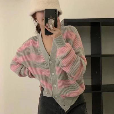Ženski kardigan jesen-zima Trendy prugasti ležerni V-izrez Minimalistički High Street Basic Ulzzang pleteni Ins Street Style