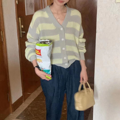 Ženski kardigan jesen-zima Trendy prugasti ležerni V-izrez Minimalistički High Street Basic Ulzzang pleteni Ins Street Style