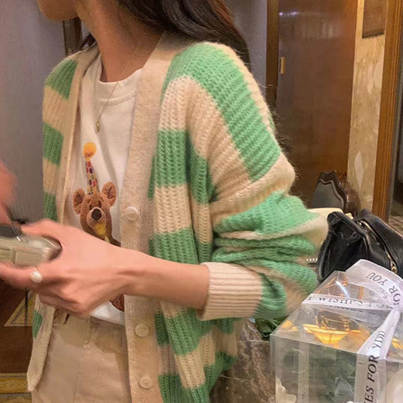 Ženski kardigan jesen-zima Trendy prugasti ležerni V-izrez Minimalistički High Street Basic Ulzzang pleteni Ins Street Style