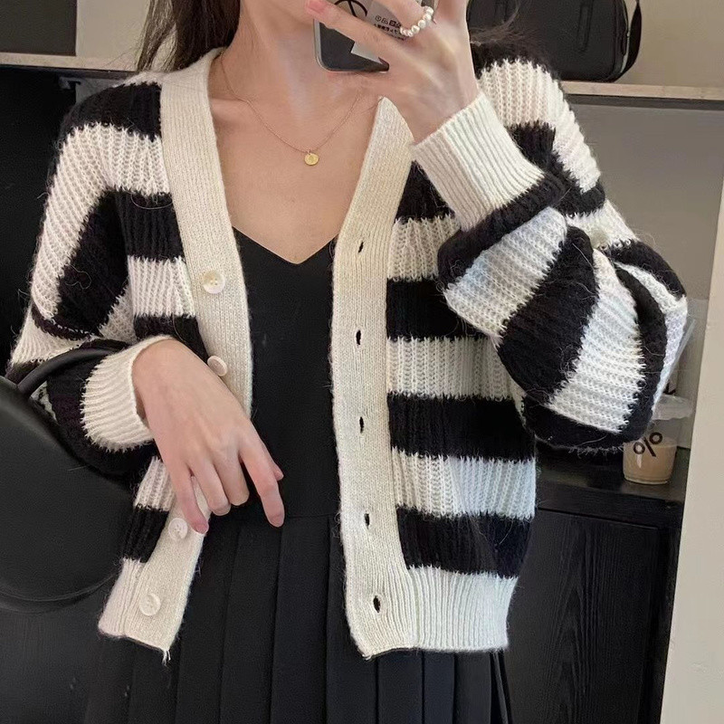 Ženski kardigan jesen-zima Trendy prugasti ležerni V-izrez Minimalistički High Street Basic Ulzzang pleteni Ins Street Style
