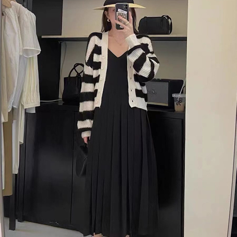 Ženski kardigan jesen-zima Trendy prugasti ležerni V-izrez Minimalistički High Street Basic Ulzzang pleteni Ins Street Style