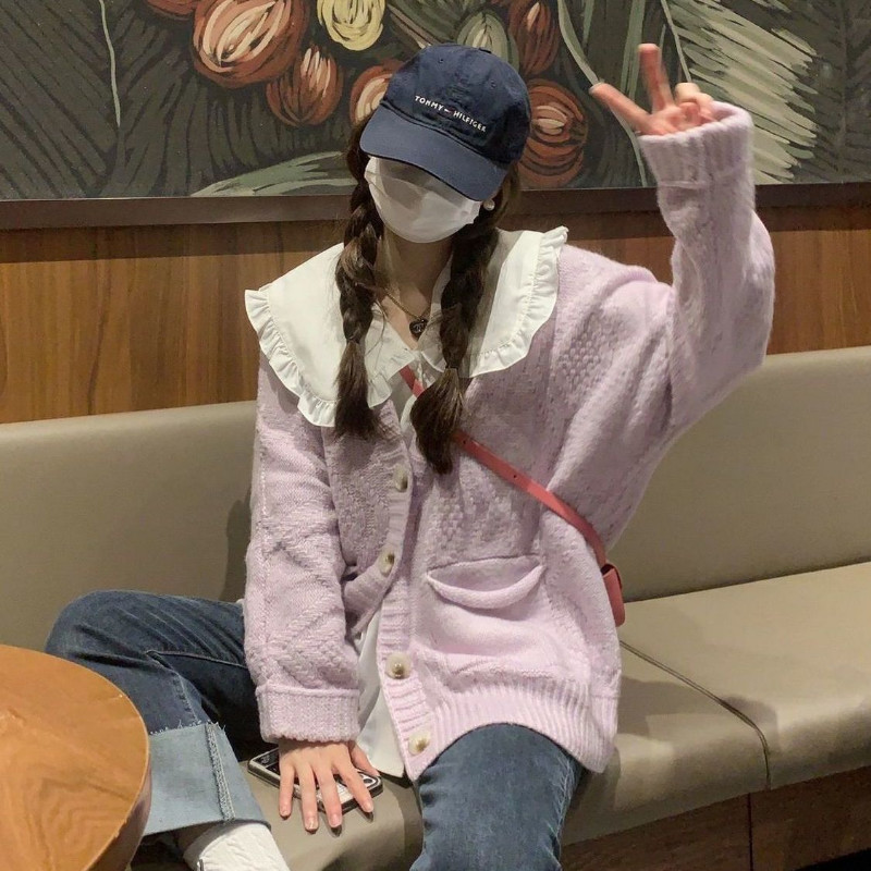 Ljubičasti tanki lijepi kardigan, ženski jesenski sveobuhvatni labavi preppy chic hipster pletiva Ulzzang Top Ženski Modni slatki djevojački