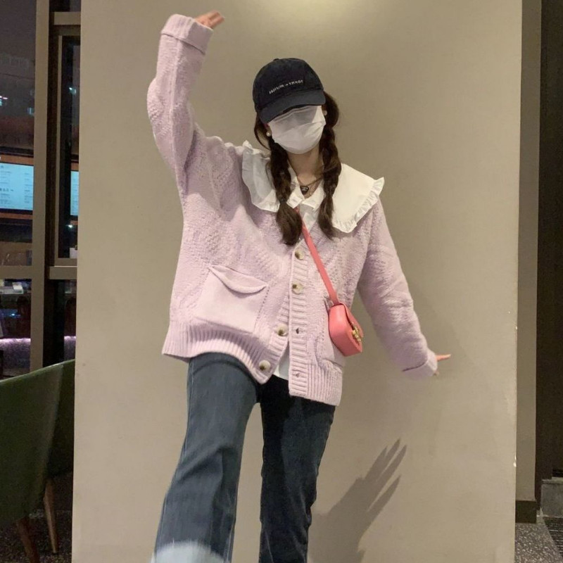 Ljubičasti tanki lijepi kardigan, ženski jesenski sveobuhvatni labavi preppy chic hipster pletiva Ulzzang Top Ženski Modni slatki djevojački