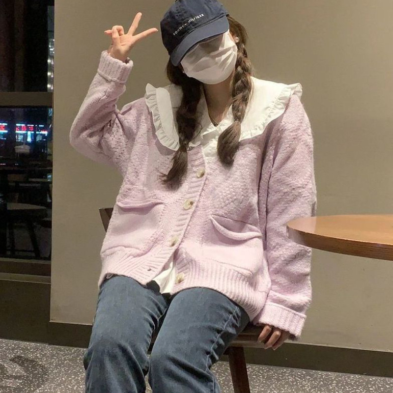 Ljubičasti tanki lijepi kardigan, ženski jesenski sveobuhvatni labavi preppy chic hipster pletiva Ulzzang Top Ženski Modni slatki djevojački