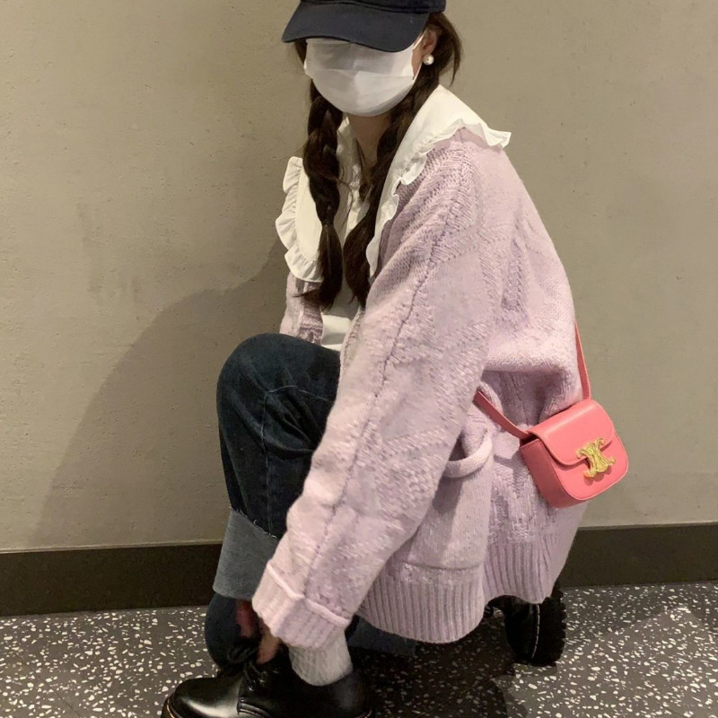 Ljubičasti tanki lijepi kardigan, ženski jesenski sveobuhvatni labavi preppy chic hipster pletiva Ulzzang Top Ženski Modni slatki djevojački