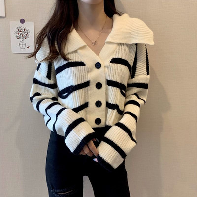 Moteriškas megztinis, laisvalaikio ilgomis rankovėmis jūreivio apykaklė, rudeninė laisva vintažinė dryžuota megztinė, saldus studentiškas korėjietiško preppy stiliaus