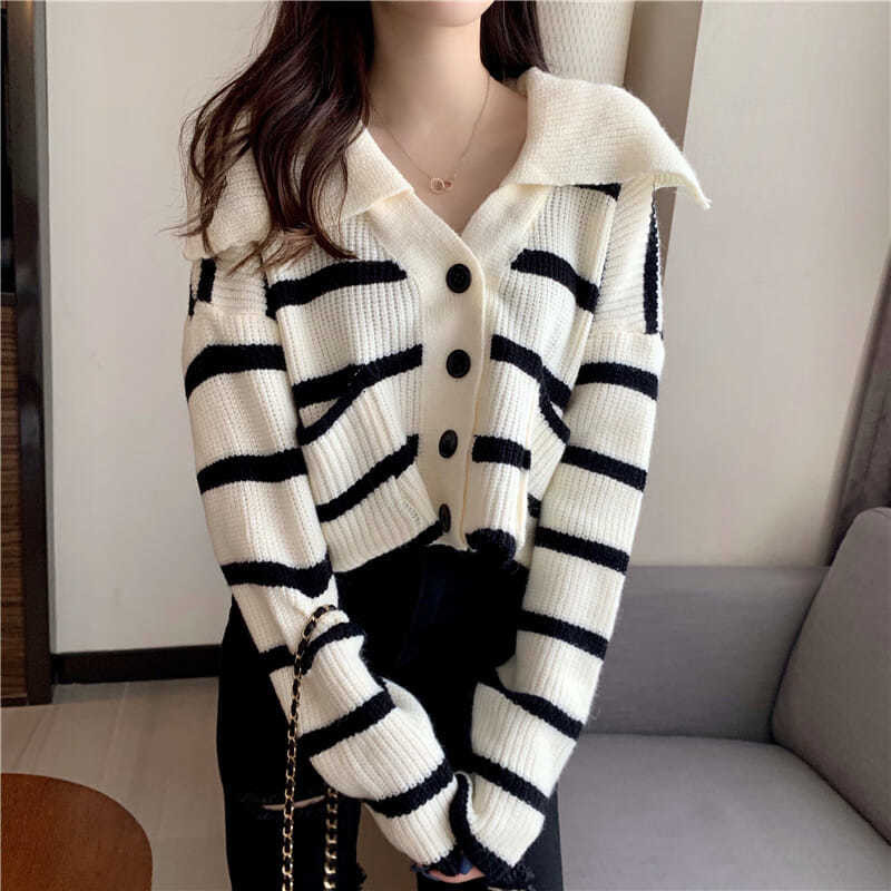 Moteriškas megztinis, laisvalaikio ilgomis rankovėmis jūreivio apykaklė, rudeninė laisva vintažinė dryžuota megztinė, saldus studentiškas korėjietiško preppy stiliaus