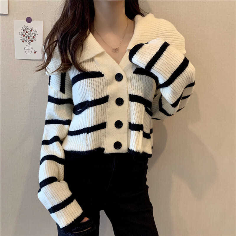 Moteriškas megztinis, laisvalaikio ilgomis rankovėmis jūreivio apykaklė, rudeninė laisva vintažinė dryžuota megztinė, saldus studentiškas korėjietiško preppy stiliaus