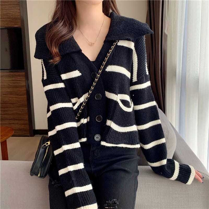 Moteriškas megztinis, laisvalaikio ilgomis rankovėmis jūreivio apykaklė, rudeninė laisva vintažinė dryžuota megztinė, saldus studentiškas korėjietiško preppy stiliaus