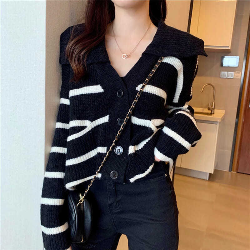 Moteriškas megztinis, laisvalaikio ilgomis rankovėmis jūreivio apykaklė, rudeninė laisva vintažinė dryžuota megztinė, saldus studentiškas korėjietiško preppy stiliaus
