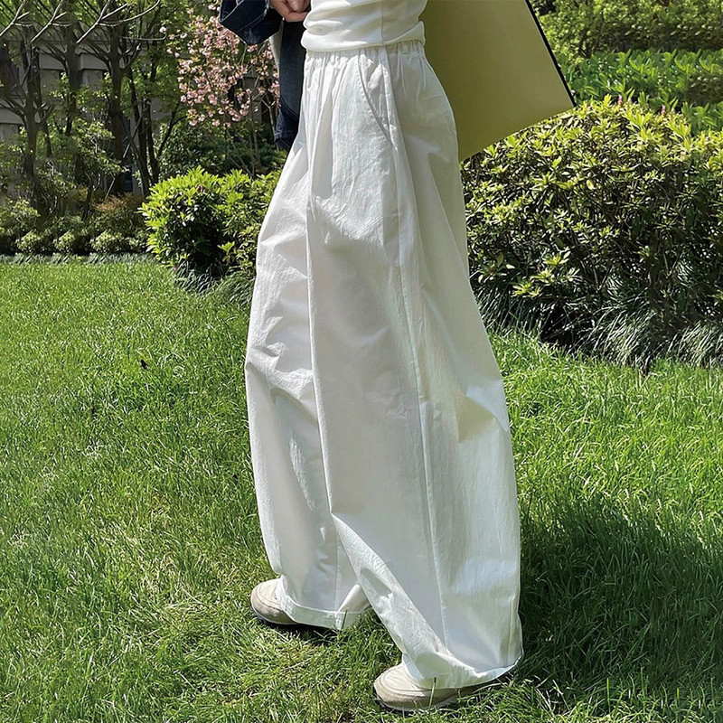 Pantaloni supradimensionați de damă, de culoare solidă, de vară, hip hop, respirabili, stil extrem de simplu, talie înaltă, picioare largi, îmbrăcăminte de stradă coreeană