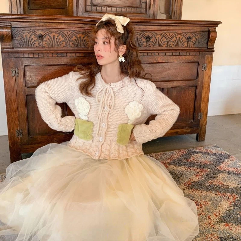 3D cvjetni kardigan Ženski dizajn Retro Chic Nježna lijepa jesen Popularna romantična sveučilišna mlada djevojačka vesta Mujer Pletene ins