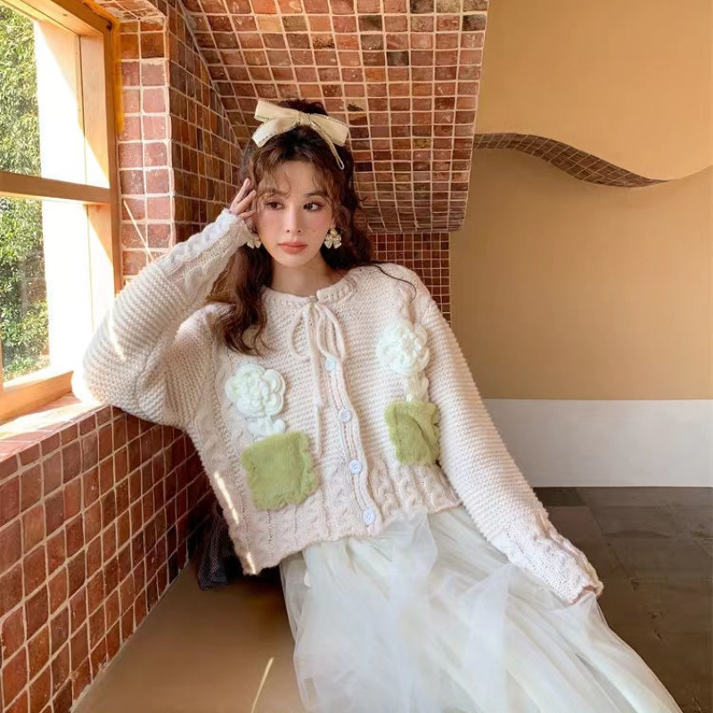 3D cvjetni kardigan Ženski dizajn Retro Chic Nježna lijepa jesen Popularna romantična sveučilišna mlada djevojačka vesta Mujer Pletene ins