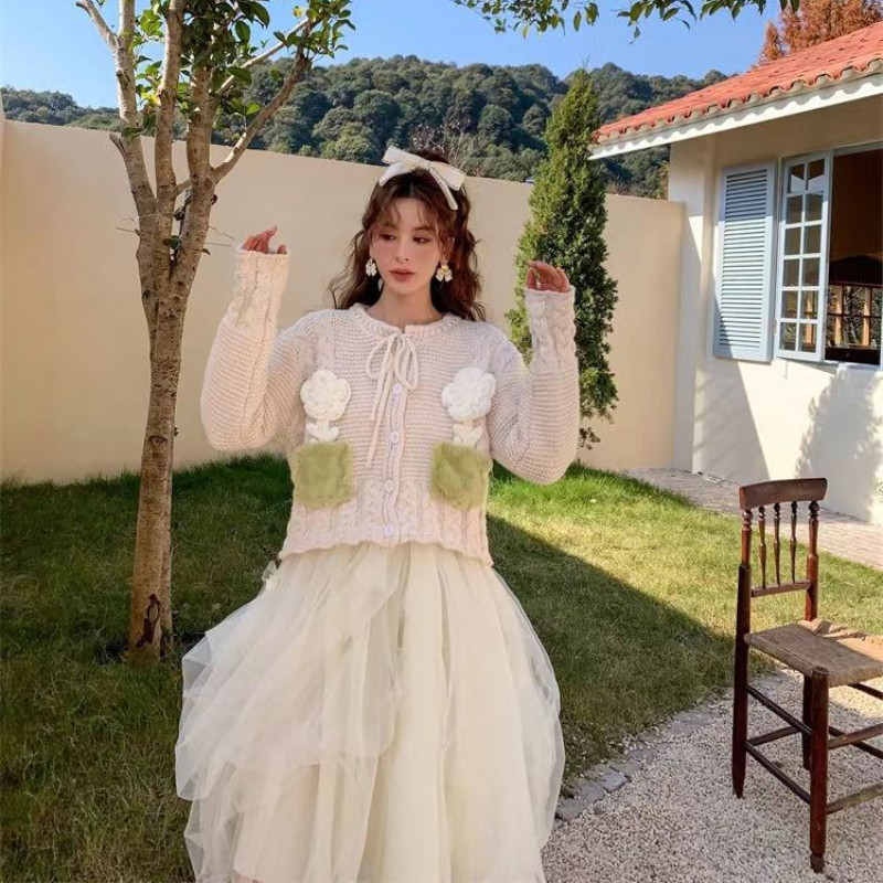 3D cvjetni kardigan Ženski dizajn Retro Chic Nježna lijepa jesen Popularna romantična sveučilišna mlada djevojačka vesta Mujer Pletene ins