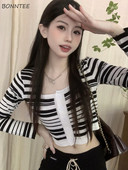 Ženski kardigan, slatke dame, četvrtasti ovratnik, prugasto pletenje, dugi rukavi, skraćeni proljetni pupak, dnevna odjeća Harajuku Camiseta