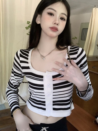 Ženski kardigan, slatke dame, četvrtasti ovratnik, prugasto pletenje, dugi rukavi, skraćeni proljetni pupak, dnevna odjeća Harajuku Camiseta