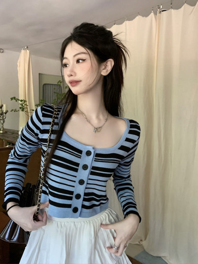 Ženski kardigan, slatke dame, četvrtasti ovratnik, prugasto pletenje, dugi rukavi, skraćeni proljetni pupak, dnevna odjeća Harajuku Camiseta