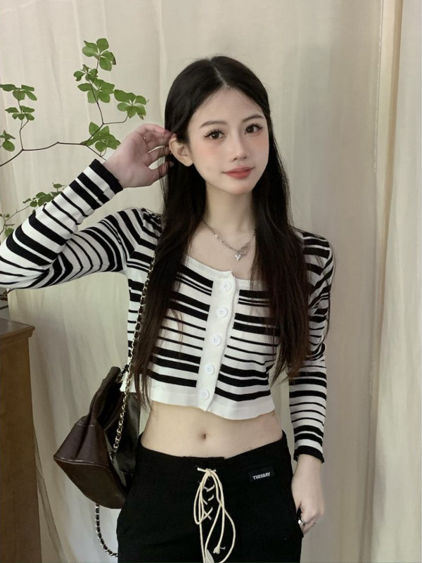 Ženski kardigan, slatke dame, četvrtasti ovratnik, prugasto pletenje, dugi rukavi, skraćeni proljetni pupak, dnevna odjeća Harajuku Camiseta