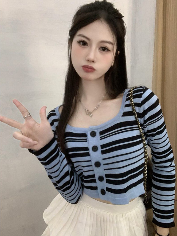 Ženski kardigan, slatke dame, četvrtasti ovratnik, prugasto pletenje, dugi rukavi, skraćeni proljetni pupak, dnevna odjeća Harajuku Camiseta