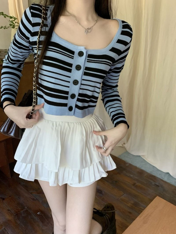 Ženski kardigan, slatke dame, četvrtasti ovratnik, prugasto pletenje, dugi rukavi, skraćeni proljetni pupak, dnevna odjeća Harajuku Camiseta