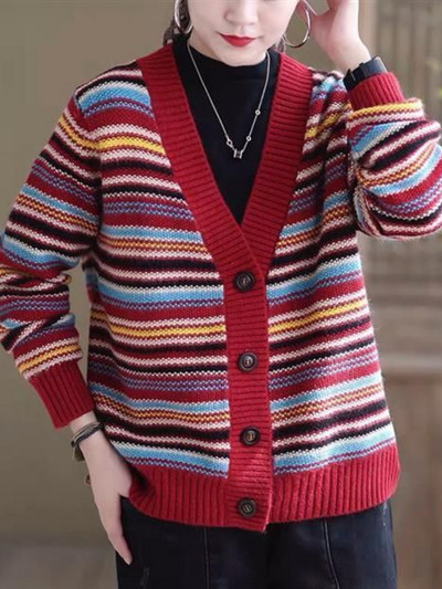 Naiste kardigan 4 värvi retrotriibuline disain, soe, sobiv vaba aja V-kaelusega korea stiilis mood avar uus naiste sügiskampsun