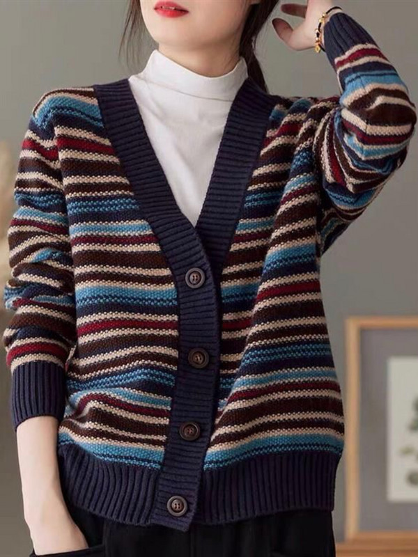 Naiste kardigan 4 värvi retrotriibuline disain, soe, sobiv vaba aja V-kaelusega korea stiilis mood avar uus naiste sügiskampsun