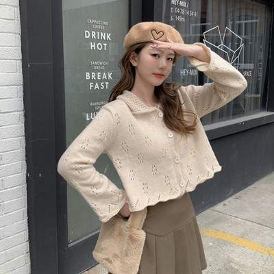 Kardigani Ženski Slobodno vrijeme Jednobojni, nježni, slatki, s naborima, popularni studentski, jesenski, udobni, spušteni ovratnik, ulični dizajn, ležerni