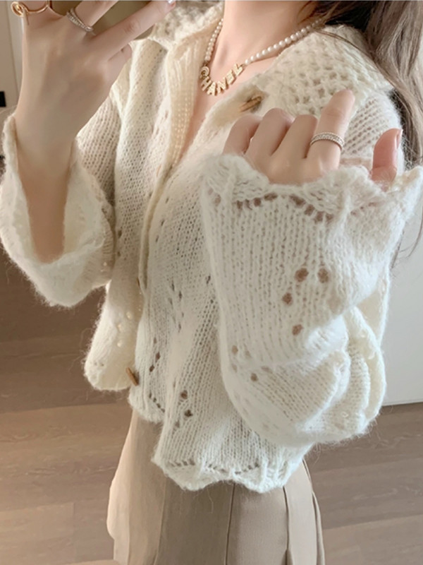 Kardigani Ženski Slobodno vrijeme Jednobojni, nježni, slatki, s naborima, popularni studentski, jesenski, udobni, spušteni ovratnik, ulični dizajn, ležerni