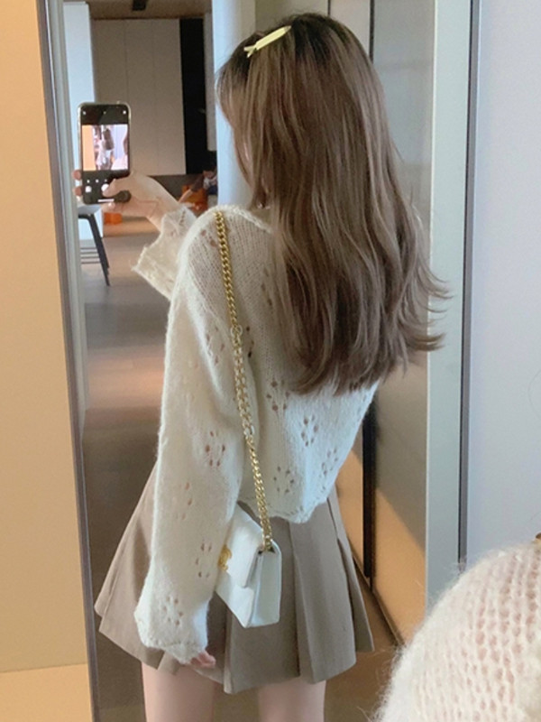 Kardigani Ženski Slobodno vrijeme Jednobojni, nježni, slatki, s naborima, popularni studentski, jesenski, udobni, spušteni ovratnik, ulični dizajn, ležerni