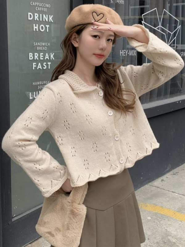 Kardigani Ženski Slobodno vrijeme Jednobojni, nježni, slatki, s naborima, popularni studentski, jesenski, udobni, spušteni ovratnik, ulični dizajn, ležerni