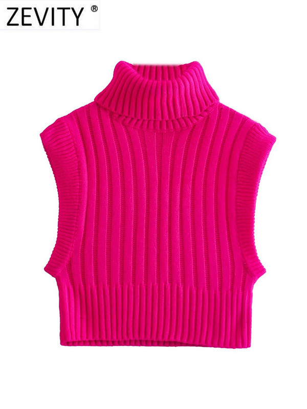Zevity Ženski osnovni kratki pleteni džemper bez rukava u 3 boje Ženski šik kratki prsluk s visokim ovratnikom Puloveri i gornji dijelovi S3211