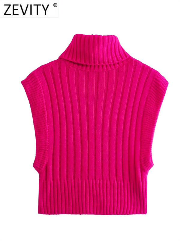 Zevity Ženski osnovni kratki pleteni džemper bez rukava u 3 boje Ženski šik kratki prsluk s visokim ovratnikom Puloveri i gornji dijelovi S3211