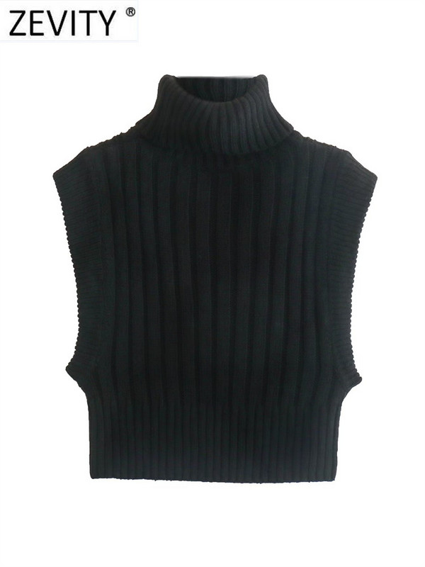 Zevity Ženski osnovni kratki pleteni džemper bez rukava u 3 boje Ženski šik kratki prsluk s visokim ovratnikom Puloveri i gornji dijelovi S3211