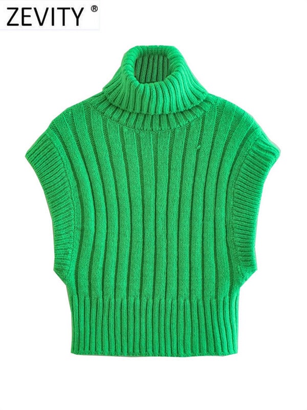 Zevity Ženski osnovni kratki pleteni džemper bez rukava u 3 boje Ženski šik kratki prsluk s visokim ovratnikom Puloveri i gornji dijelovi S3211
