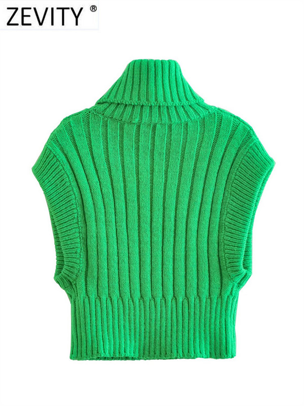 Zevity Ženski osnovni kratki pleteni džemper bez rukava u 3 boje Ženski šik kratki prsluk s visokim ovratnikom Puloveri i gornji dijelovi S3211