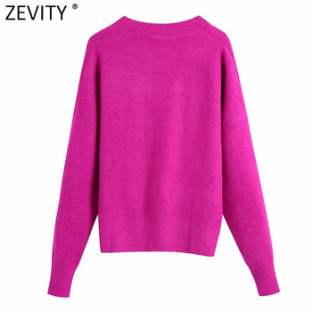 Zevity Women Simply V Neck Soft Touch Ежедневен лилав пуловер за плетене Женски шикозен базов пуловер с дълъг ръкав Маркови горнища SW901